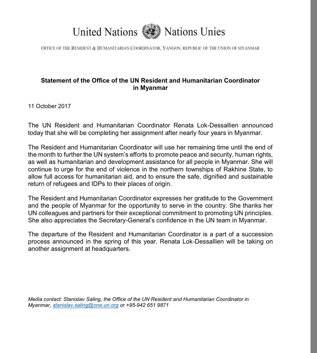 UN says departure of its resident/humanitarian coordinator in Myanmar not related to @BBCNews story.   