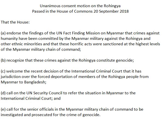 Chrystia Freeland:Today, Canada's House of Commons unanimously adopted a motion recognizing the crimes against the Rohingya as a genocide and calling on the world to help them. We will continue to work with partners to hold those responsible to account. Canadians stand with the Rohingya.   