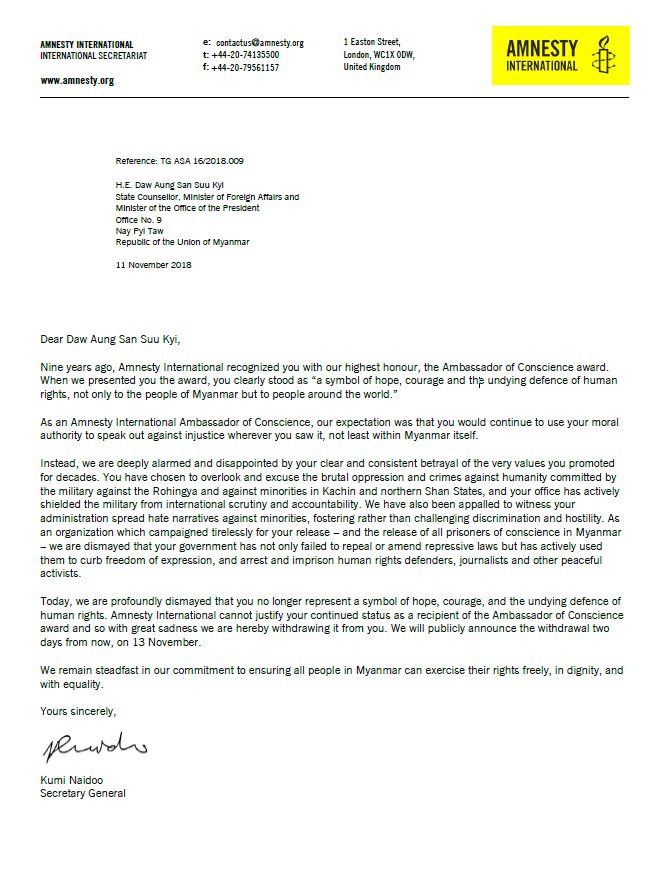 Amnesty withdraws human rights award from Aung San Suu Kyi.   
