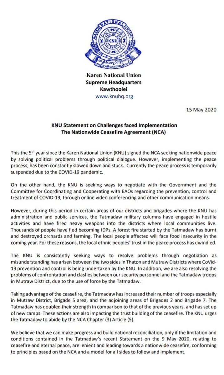 In their statement, the Karen EAO, KNU said the Myanmar military is taking advantage of ceasefire period by strengthening & increasing their military camps  in Karen area