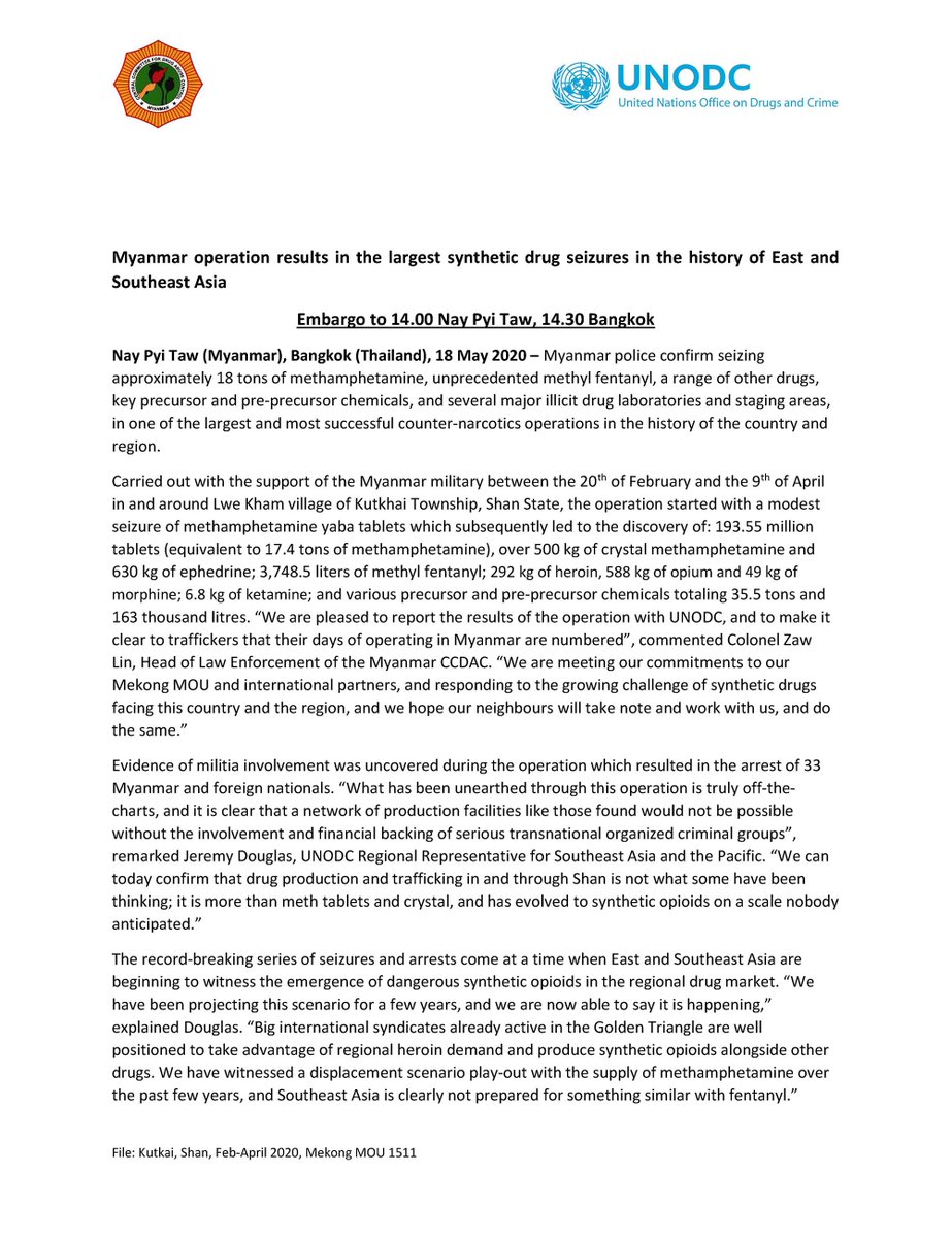 Important: joint release @UNODC_SEAP – Myanmar CCDAC (1 of 2). Northern Shan operation results in the largest synthetic drug seizures in the history of East and Southeast Asia. COVID19 is if anything a benefit to organizedcrime in Asia. 