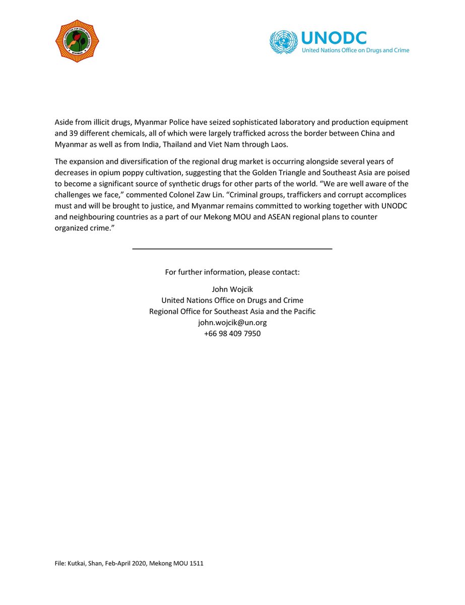 Important: joint release @UNODC_SEAP – Myanmar CCDAC (1 of 2). Northern Shan operation results in the largest synthetic drug seizures in the history of East and Southeast Asia. COVID19 is if anything a benefit to organizedcrime in Asia. 