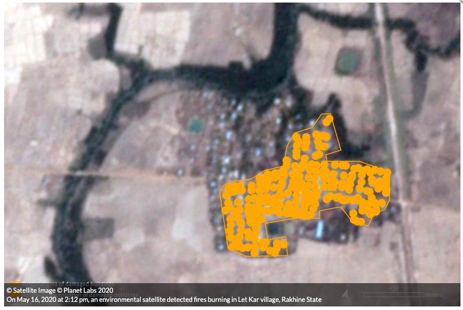 New satellite imagery shows about 200 homes & other buildings destroyed by fire on 16 May in Myanmar's Rakhine State. It bears a close resemblance to patterns of fires & widespread arson attacks by the Myanmar military on ethnic Rohingya villages