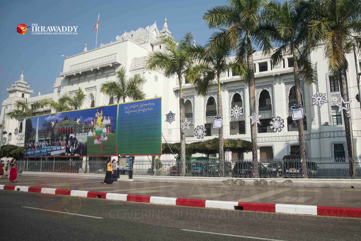 Military Coup in Myanmar:  Police trucks are seen in Yangon before noon on Monday after the Myanmar military staged a coup earlier in the morning