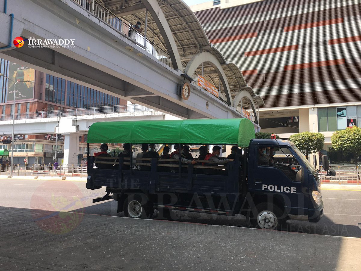 Military Coup in Myanmar:  Police trucks are seen in Yangon before noon on Monday after the Myanmar military staged a coup earlier in the morning