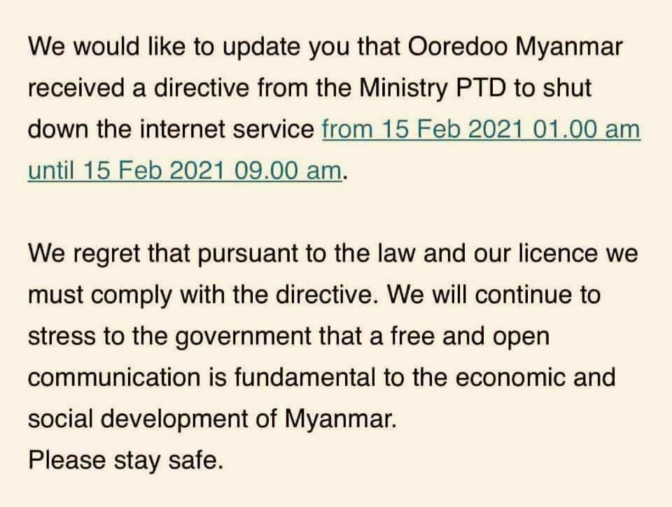 US embassy has warned of  'telecommunications interruptions' overnight in Myanmar