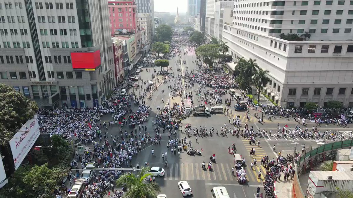 Drone footage of mass protest in downtown Yangon as the widespread fury about the February 1 military coup is channeled into a general strike taking place in a number of cities across the country