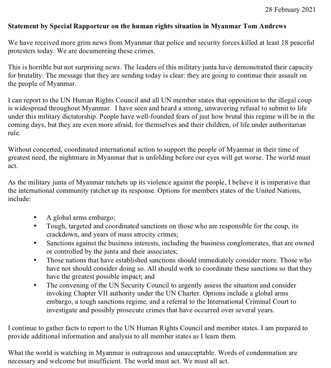UN Special Rapporteur to Myanmar @RapporteurUn says words of condemnation are necessary & welcome but insufficient regarding crimes committed by security forces against protesters. Says all must act, proposing several options for global community 