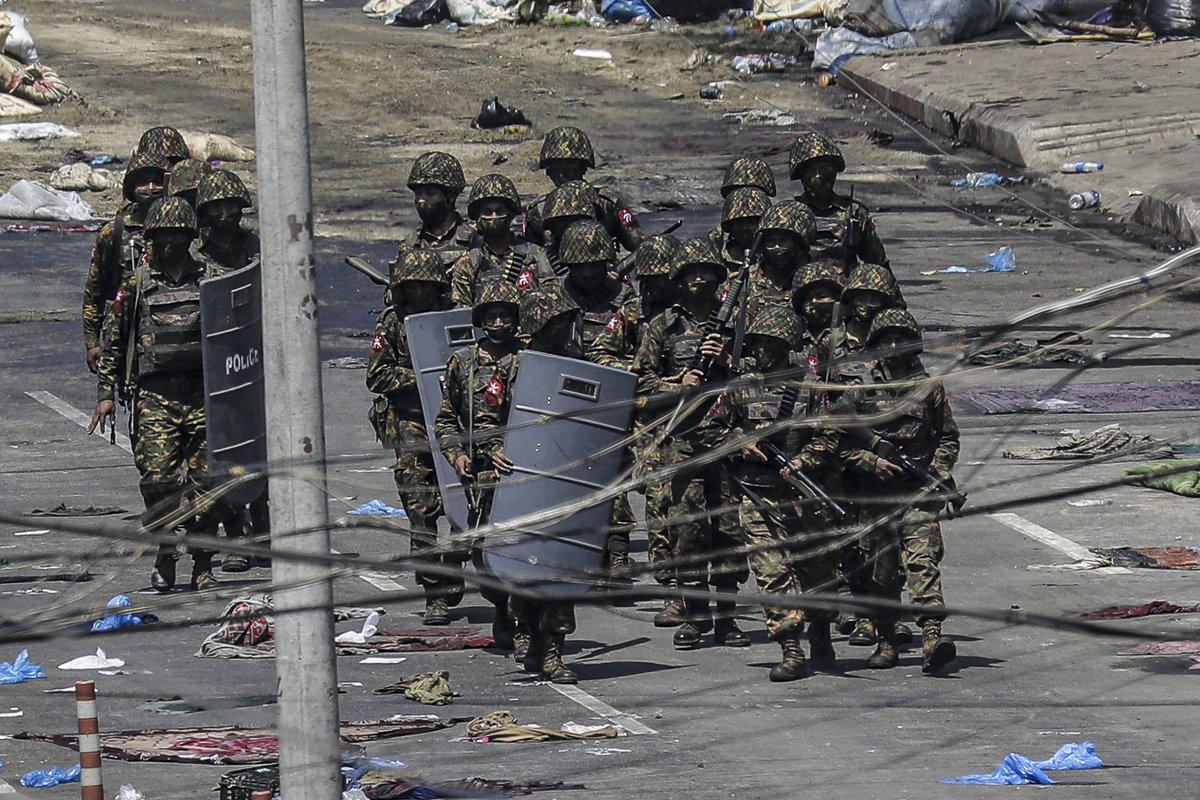 Military personnel secure the perimeter after a protest against the military coup in Yangon, Myanmar, 02 March 2021. EPA/LYNN BO BO