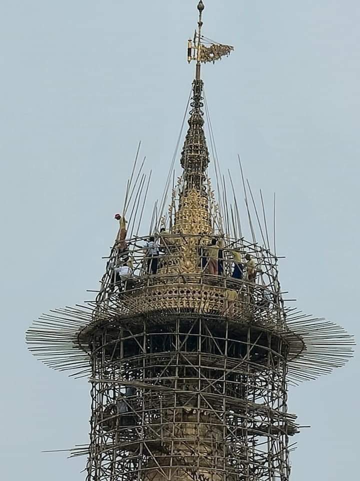 Shwedagon Pagoda is scaffolding till holy umbrella which enshrined with many precious jewels . Locals who live near pagoda since they born says they had never seen scaffolding till holy umbrella before — photos are taken today (3.4.2021)