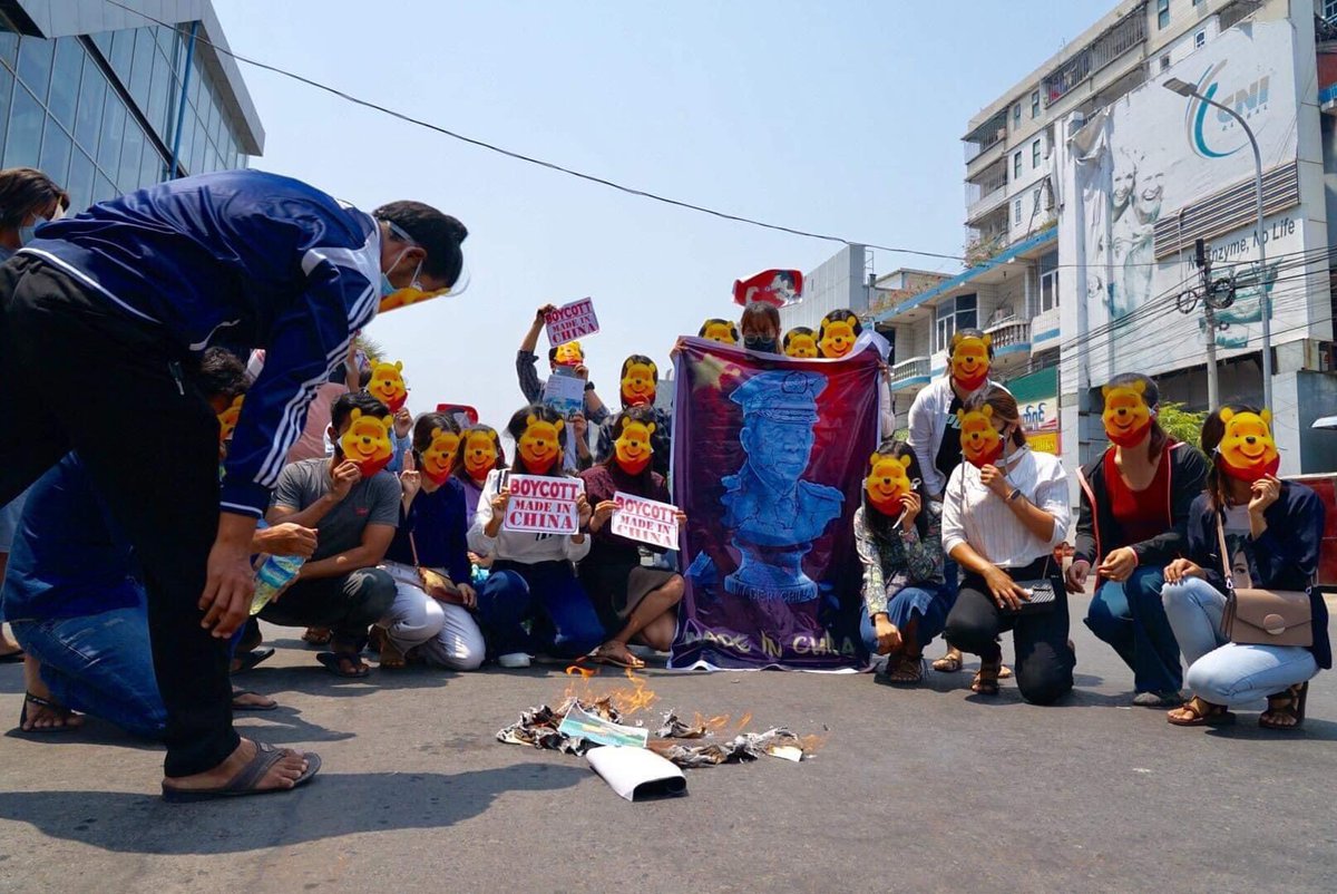Protesters strike in Myanmar's Mandalay city today to boycott Chinese products as part of the anti-coup movement.   Photo : Mizzima