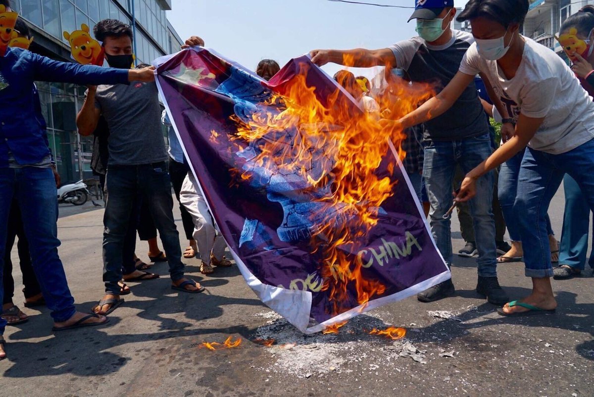 Protesters strike in Myanmar's Mandalay city today to boycott Chinese products as part of the anti-coup movement.   Photo : Mizzima