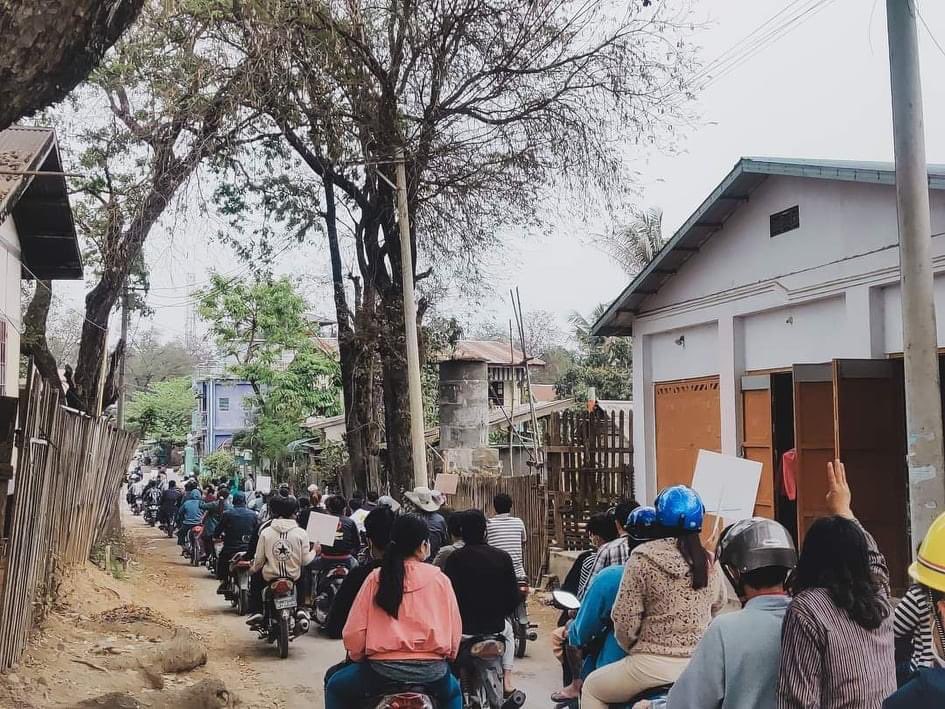 Motorcycle strike in Hsipaw, Shan state at today afternoon.  Many people protesting against the military coup.