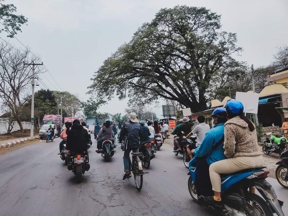 Motorcycle strike in Hsipaw, Shan state at today afternoon.  Many people protesting against the military coup.