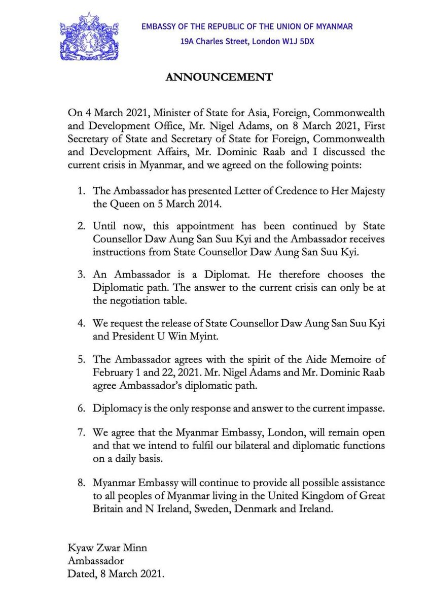 Myanmar ambassador to the UK Kyaw Zwar Minn had met with a number of people including British officials/politicians & AungSanSuuKyi's son since Feb 1 militarycoup. He had also said he takes instructions only from Ms Suu Kyi, detained since Feb 1 