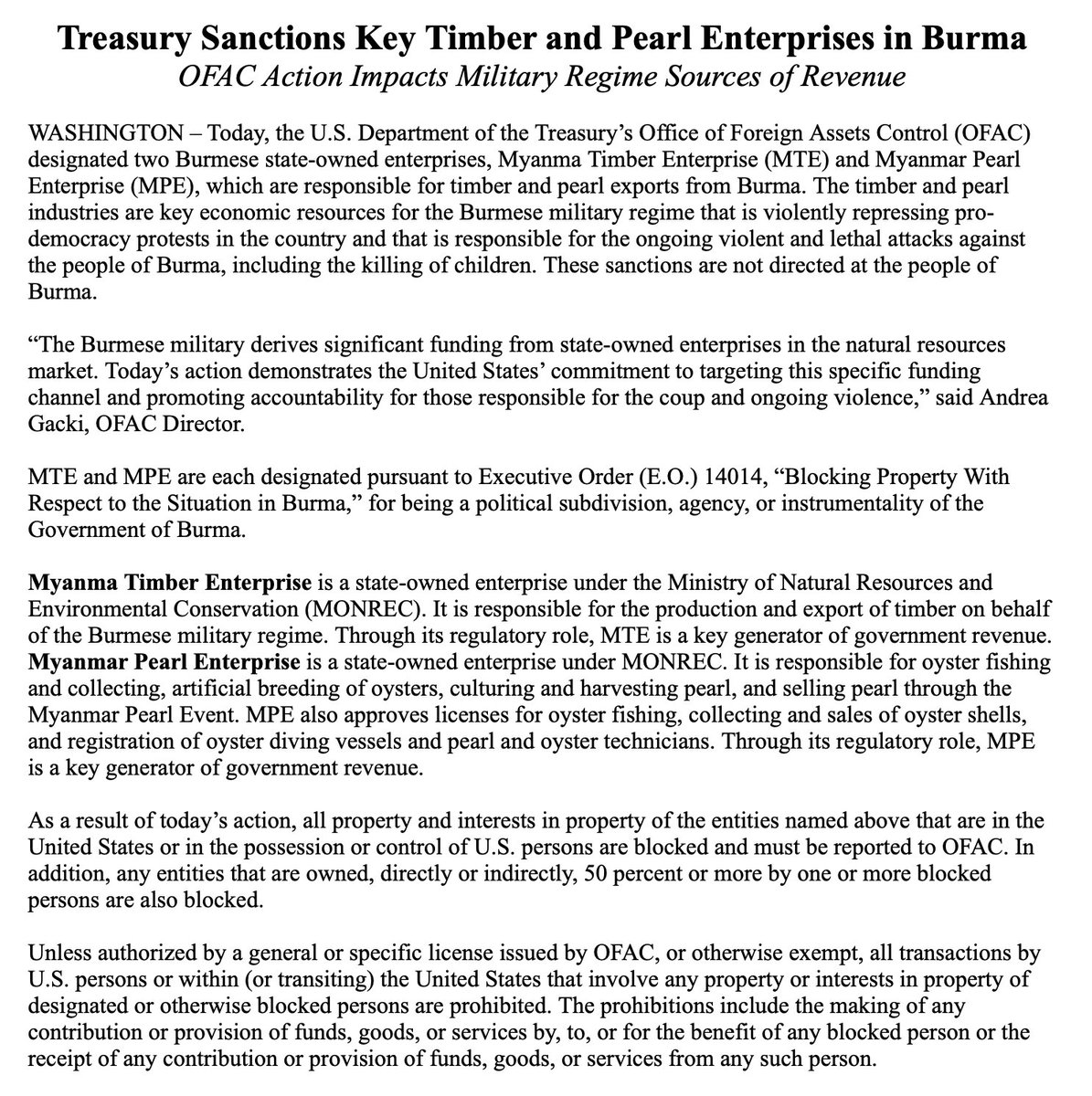 @USTreasury sanctioning state-owned timber & pearl companies in Burma Myanmar The timber & pearl industries are key economic resources for the Burmese military government that is violently repressing pro-democracy protests