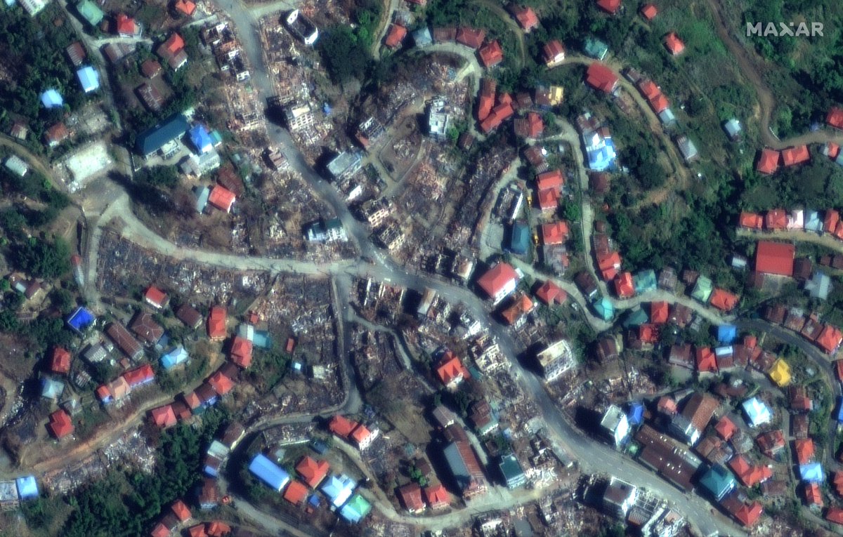 Google Earth also now showing a very destroyed Thantlang in Myanmar's Chin State with imagery updated to November 12, 2021