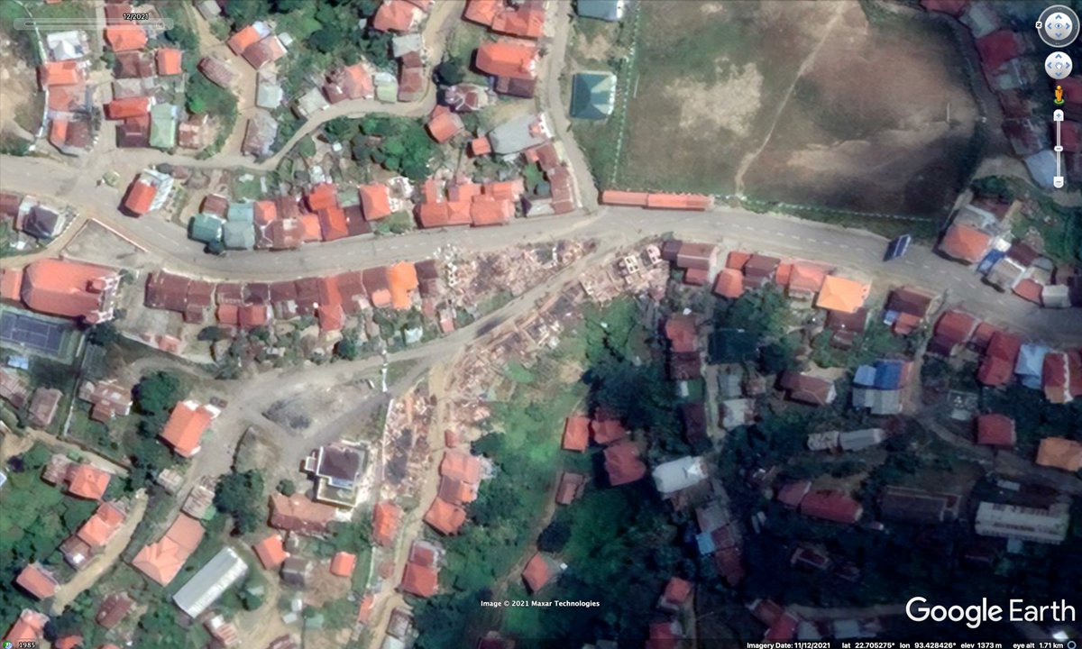 Google Earth also now showing a very destroyed Thantlang in Myanmar's Chin State with imagery updated to November 12, 2021