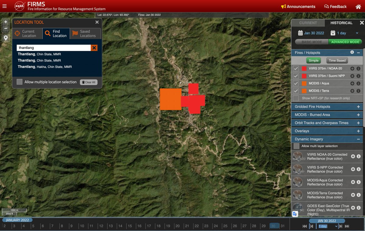 Satellite imagery of Myanmar's Thantlang from 23 Jan and Feb 2 shows a whole block of houses that appear to have been destroyed in another attack on the town
