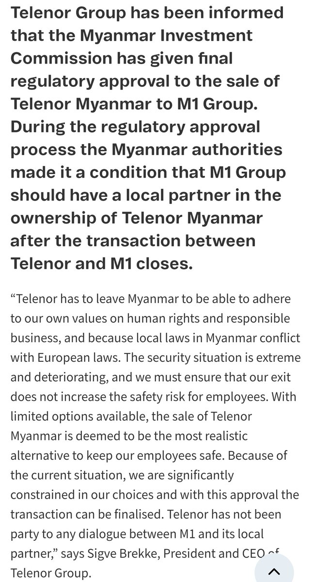 Myanmar military approves sale of @Telenor_mm to Lebanese M1 group & Myanmar partner, Shwe Byain Phyu, who'll end up being the majority shareholder. Many fear this will compromise over 18 million Myanmar customers' personal data 