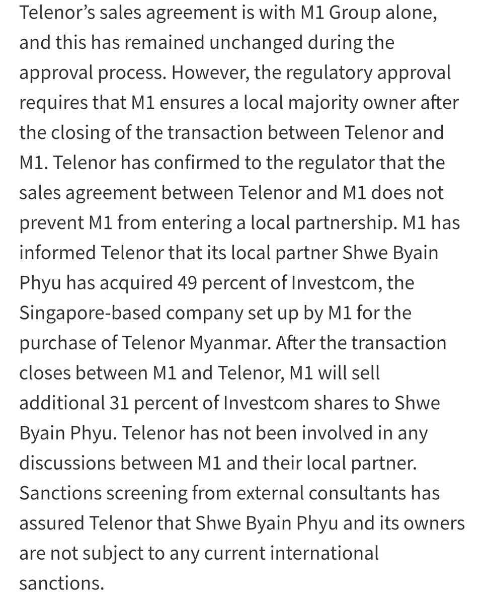 Myanmar military approves sale of @Telenor_mm to Lebanese M1 group & Myanmar partner, Shwe Byain Phyu, who'll end up being the majority shareholder. Many fear this will compromise over 18 million Myanmar customers' personal data 