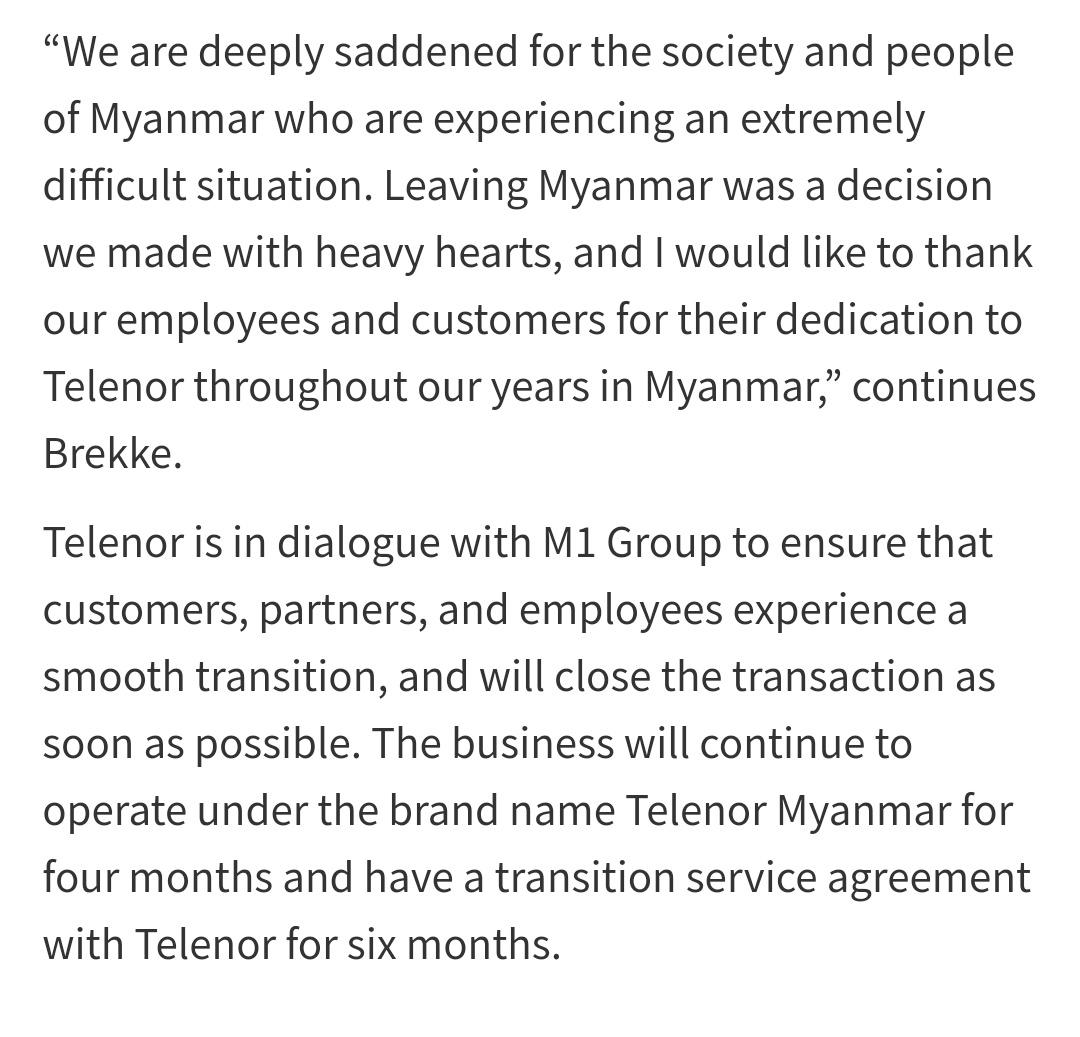 Myanmar military approves sale of @Telenor_mm to Lebanese M1 group & Myanmar partner, Shwe Byain Phyu, who'll end up being the majority shareholder. Many fear this will compromise over 18 million Myanmar customers' personal data 