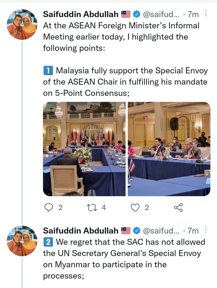Malaysia foreign minister provides insights in @ASEAN foreign ministers' meeting. @saifuddinabd insisting to counterparts Myanmar military shouldn't be allowed to dictate who to be invited to meetings. Regional leaders in US for ASEAN-US summit 