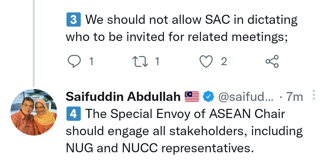 Malaysia foreign minister provides insights in @ASEAN foreign ministers' meeting. @saifuddinabd insisting to counterparts Myanmar military shouldn't be allowed to dictate who to be invited to meetings. Regional leaders in US for ASEAN-US summit 