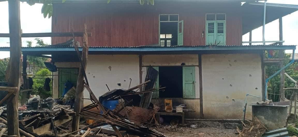 Myanmar junta fired artillery into Lwal Pan Sane village–locates in the middle of Mobye reservoir–in Pekon, southern Shan State on Tuesday night, injuring two men in the monastery. The grenade also damaged civilian homes and a school.  (Photo: Pekon PDF) 