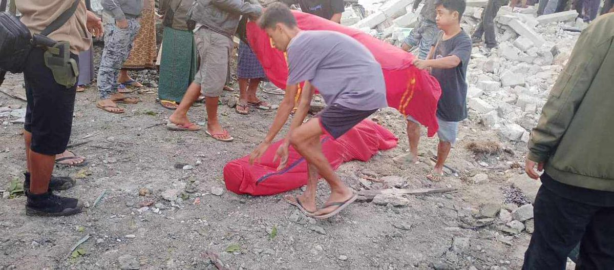 On Saturday morning during the Thadingyut festival, a junta airstrike  targeted Nawnghkio town under Ta’ang National Liberation Army control in  northern Shan State, killing a father and his two children. Photo: Nawnghkio after a junta bombing (TNLA) 