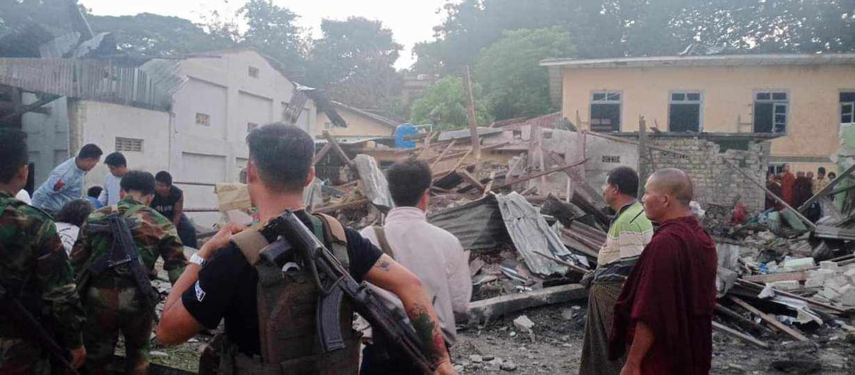 On Saturday morning during the Thadingyut festival, a junta airstrike  targeted Nawnghkio town under Ta’ang National Liberation Army control in  northern Shan State, killing a father and his two children. Photo: Nawnghkio after a junta bombing (TNLA) 