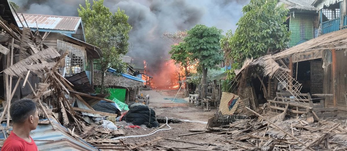 The junta carried out aerial bombing raids targeting Kyauknimaw Village-tract in Rakhine State’s Ramree Township around 1 p.m. on Wednesday, killing more than 40 civilians including children and injuring around 20. The Arakan Army controls the area. (Photo: APM)