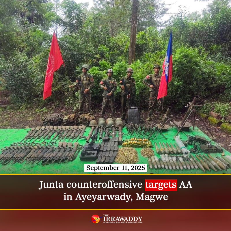 Kontrofensywa junty ma na celu odzyskanie terytorium w pobliżu Rakhine w stanach Irawadi i Magwe, wykorzystując poborowych i żołnierzy ze stanu Szan, poinformowała AA. W dniach 4-7 września, w czterech starciach w Ngape w Magwe, zginęło ponad 70 żołnierzy junty. (Zdjęcie: Broń skonfiskowana w Ngape / AA)